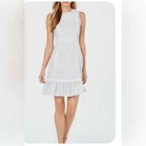 Calvin Klein Seesucker Flounce Striped White & Blue Sheath Summer Dress Size 8